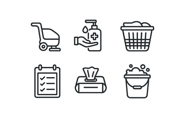 Cleaning and hygiene icons: hand sanitizer, laundry basket, cleaning machine vector icon isolated