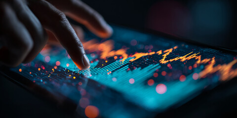 Close-up of finger interacting with a tablet displaying vibrant data visualizations, showcasing technological advancement and digital interaction, representing modern business analysis or data science
