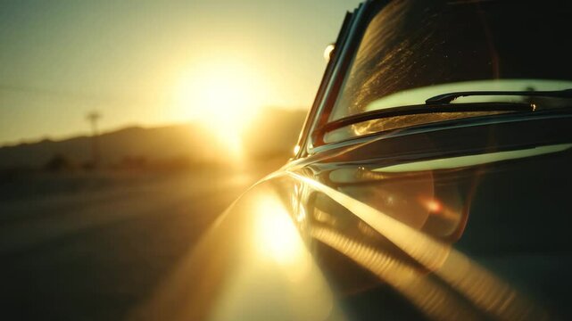 Golden Road Journey: A low-angle view captures the sleek hood of a classic vehicle, cutting through the radiant light of a setting sun. The shot captures the adventure and freedom.