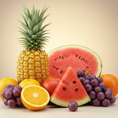 Assortment of Fresh Tropical Fruits on Beige Background