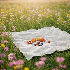Summer Picnic on a Floral Field with Fresh Fruit