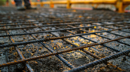 Industrial rebar mesh on wet concrete foundation at construction site with warm light