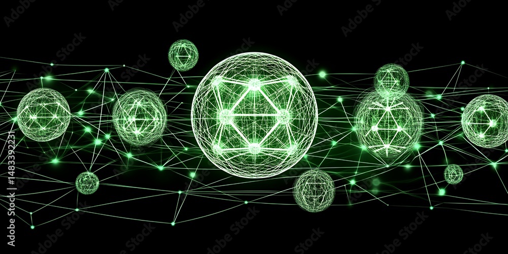Poster abstract green network graphic illustrating interconnected global systems digital technology data no