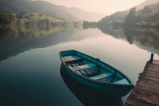 Lonely wooden boat floating on calm lake at sunrise, pastel misty tones, scenic tranquil landscape with mountains and reflections, peaceful nature background for travel or banner use