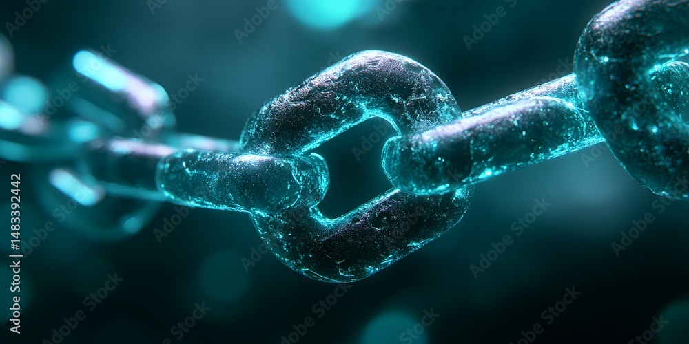 Poster close up shot of a metallic chain links glowing with a vibrant teal light abstract background image 