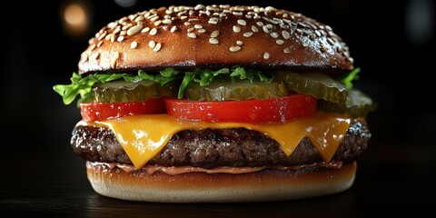 Juicy cheeseburger with fresh vegetables served on a sesame seed bun in a warm, inviting atmosphere
