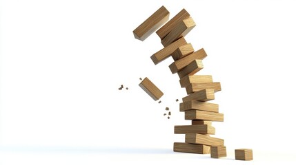 Tense moment of a jenga tower teetering in a living room game night action shot indoor close-up perspective