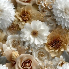 Delicate arrangement of paper flowers in beige and white creates a refined floral background perfect for various design projects