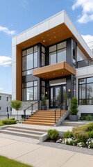 Fototapeta premium Beautiful two-story modern house with stone and steel features in a suburban Vancouver neighborhood under a clear blue sky