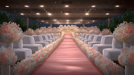 Obraz premium Indoor event venue with red carpet aisle and floral decoration