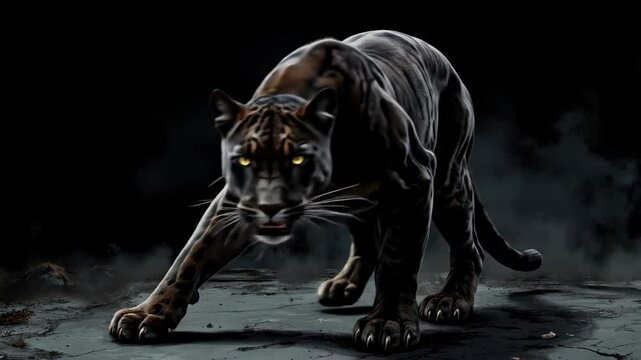 Black panther crouching on the ground with intense gaze in dark setting , flipbook video 
