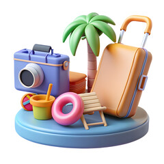 A red travel suitcase with beach icons illustrates a summer vacation journey