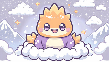 A smiling, friendly, cartoon-like creature sits nestled in a cloud, with mountains and stars around, creating a magical scene