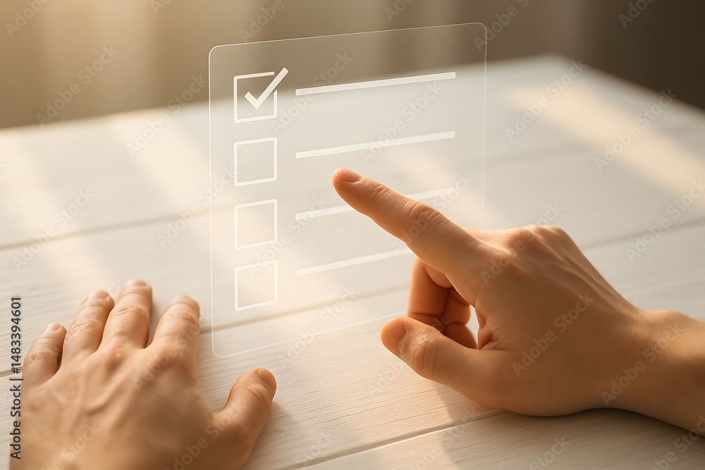 Poster a transparent checkbox is marked through digital interaction. concept of intuitive control and virtu