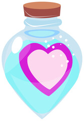 A glasssticker  bottle with a pink heart-shaped liquid, representing a health or love potion.