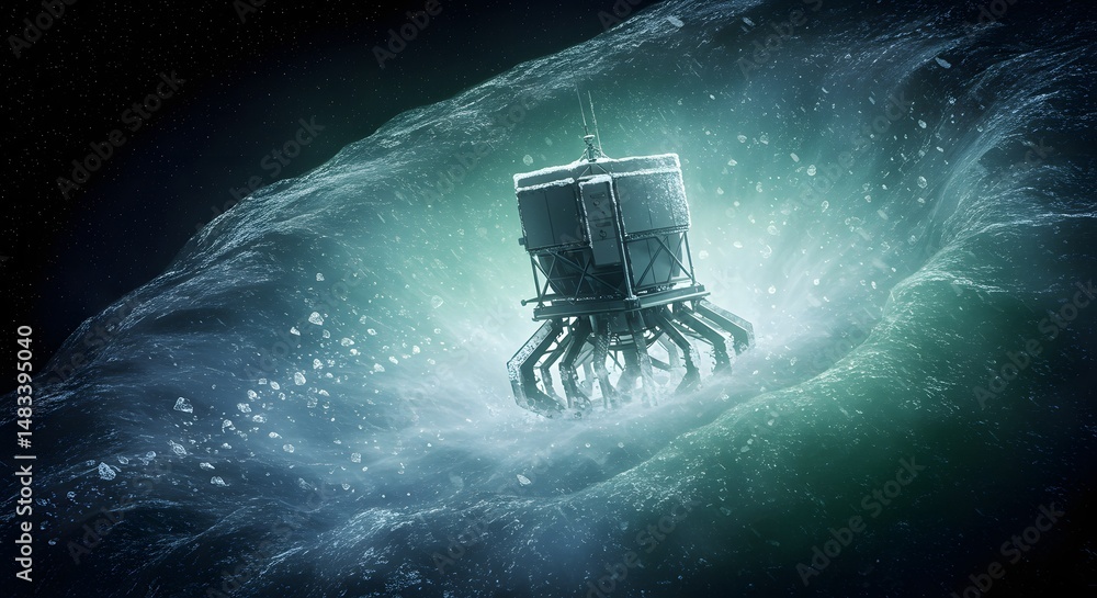 Poster a futuristic machine exploring an icy environment with a starry background view scene