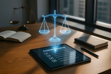 A digital justice scale hovers above a tablet beside law books on a desk. Concept of legal technology and modern justice system evolution.