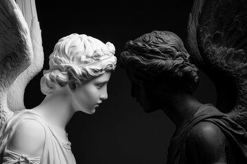 Two figures of angels opposite each other, white and black. Confrontation between good and evil