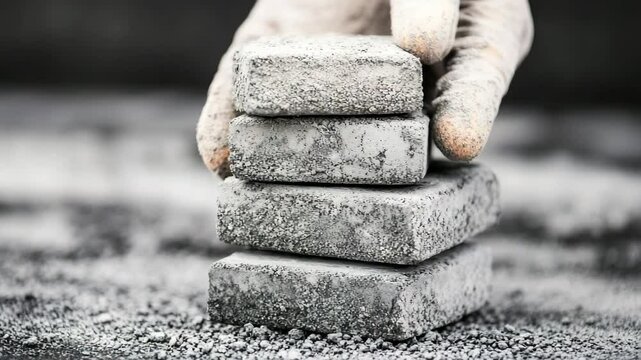 A gloved hand is stacking four rough concrete bricks on a gritty surface.