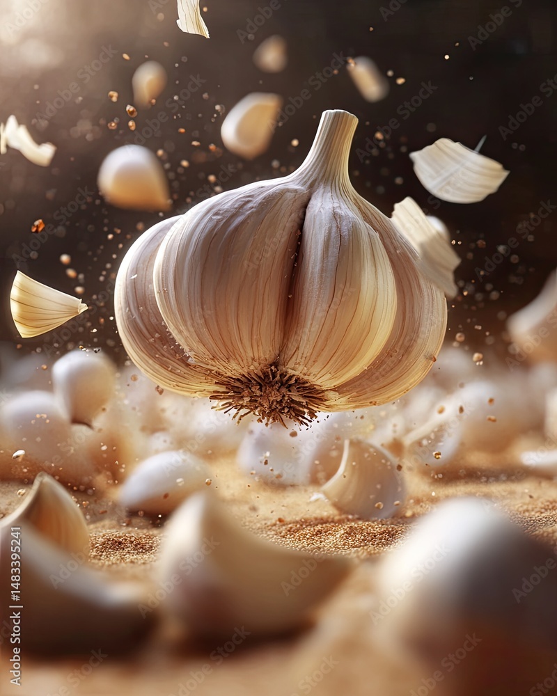 Poster close up of a whole garlic bulb with scattered cloves and particles. the image features warm lightin