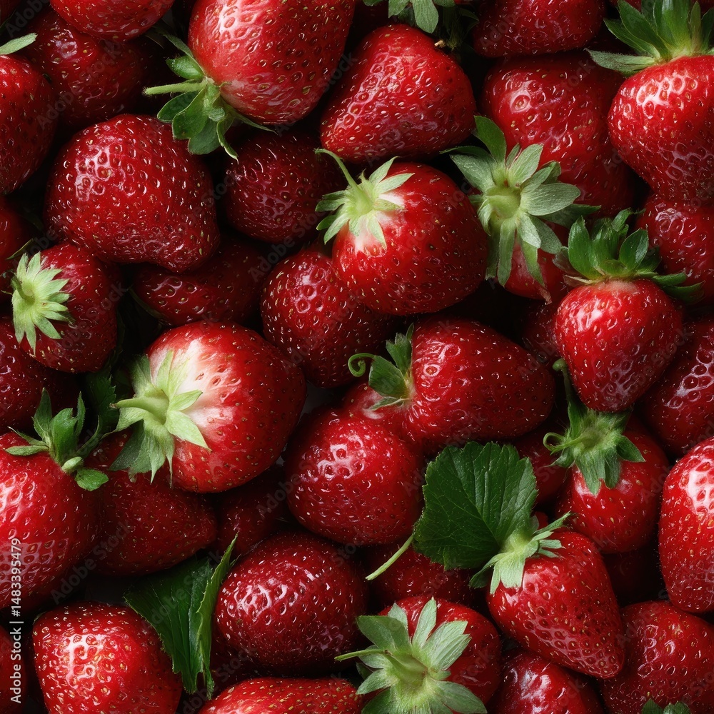 Poster glossy strawberries fill the center while lush strawberry fields create a refreshing and appetizing 
