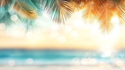 Vibrant palm leaves create a natural frame against a bright, blurred background, evoking a tranquil tropical setting perfect for relaxation and escape