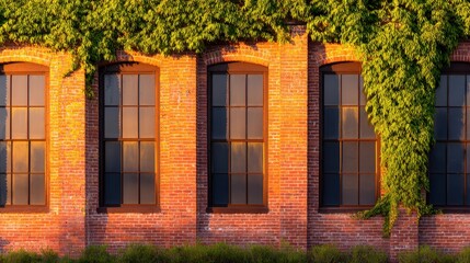 Historic brick building with large windows and green vines during sunset, serene atmosphere
