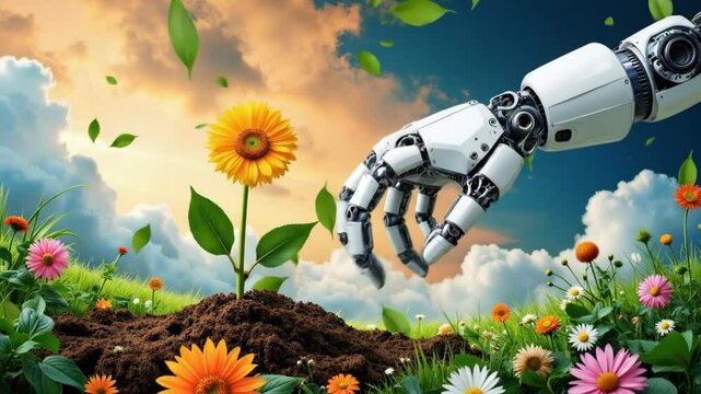 Robotic hand nurturing flower plant in vibrant garden landscape , flipbook video   