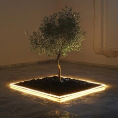 an olive tree in the middle of a neon flex led square laying on the floor and filled with black ashes ,lit by a sodium lamp
