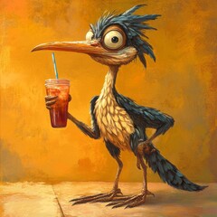 an illustration of a full bodied roadrunner with a wise look holding a 32oz drink with a straw. Show the entire roadrunner's body head to toe300dpi.