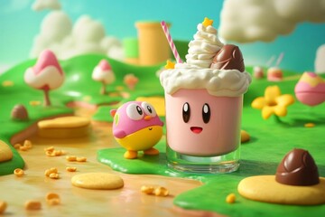 fondo de videojuego con Yoshi&acirc;&euro;&trade;s Crafted World (Switch) y kirby, cada uno con un batido de leche con crema de chocolate grande en la mano, estilo anime