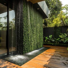 green wall in background and seperater water feature wall infrontt of it in wooden deck terrace of villa