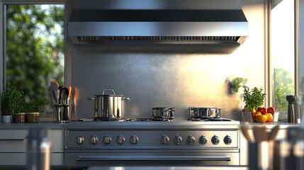 modern kitchen, stainless steel range shot straight on, fantasy, dreamlike
