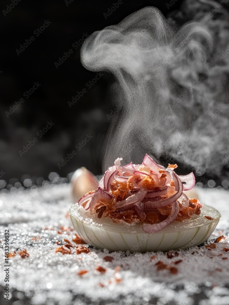 Poster close up view of a halved onion filled with diced ingredients and topped with red onion slices again