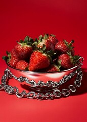 Strawberries in a silver bowl, against a red background, with chrome chains surrounding the strawberries. Hyper realistic photography.