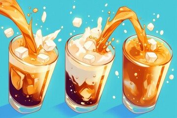 3 batidos de leche con crema, volando en distintas direccciones, anime ilustraci&Atilde;&sup3;n digital art