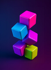 Fototapeta premium Vibrant 3D abstract composition with glossy neon cubes stacked in a playful arrangement on a dark gradient background. Futuristic digital art with bold colors and modern style