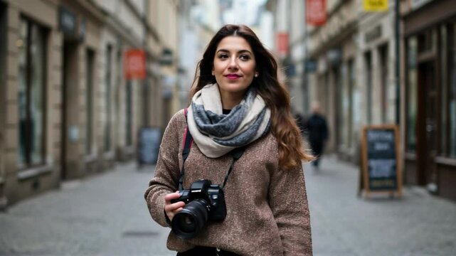 Young woman holding camera while standing on city street , flipbook video 