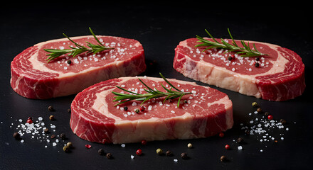 Three Raw Ribeye Steaks with Rosemary Salt and Pepper on Dark Surface Showcasing Marbling and Color for Gourmet Cooking