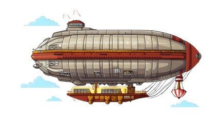 Detailed Pixel Art Airship Cartoon Vector Illustration Isolated on White Background