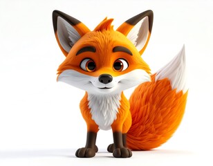 Fototapeta premium Cartoon Fox With Orange And White Fur Smiling Against White Background