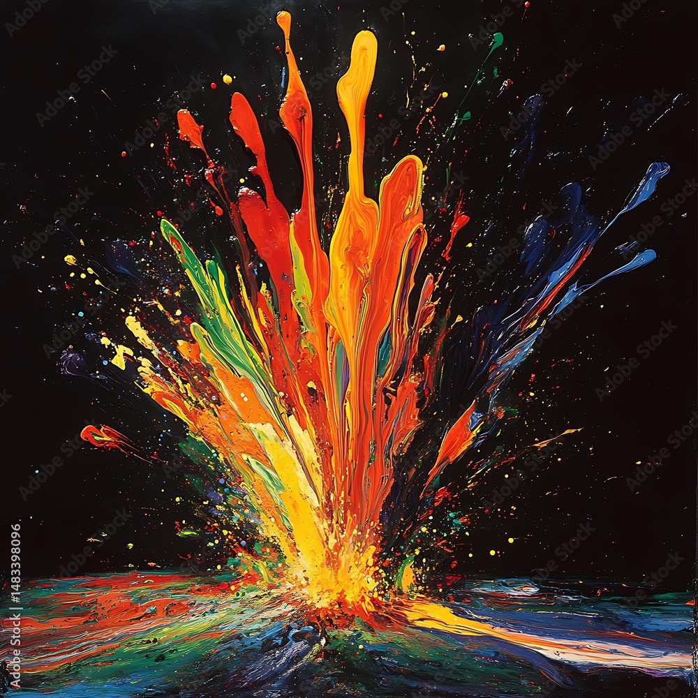 Poster abstract colorful paint splatter on dark background: modern art visual representation of creative ex
