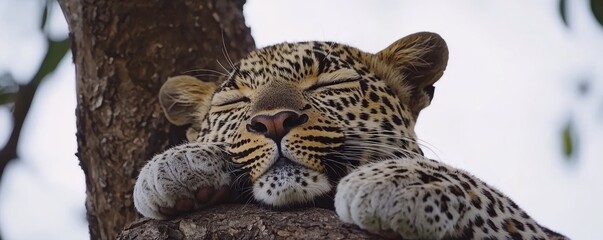 Obraz premium A leopard peacefully sleeps nestled in the branches of a tree, its spotted coat blending seamlessly with the bark. Its eyes are closed, paws tucked gently beneath its chin