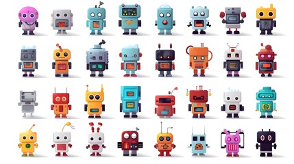 Naklejka premium Detailed Pixel Robot Collection Cartoon Vector Illustration for Digital Art Projects