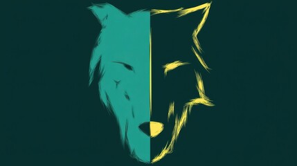 Stylized illustration of a wolfs face in teal and yellow