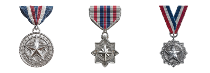 Silver star medals with red, white, and blue ribbons, symbolizing honor and achievement