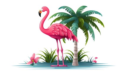 Colorful Plastic Flamingo with Palm Tree Cartoon Vector Illustration for Decor and Design Projects