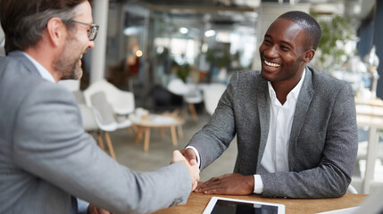 Two businessmen shaking hands, smiling, seated at a table in a modern office, symbolizing partnership, agreement, and success in business