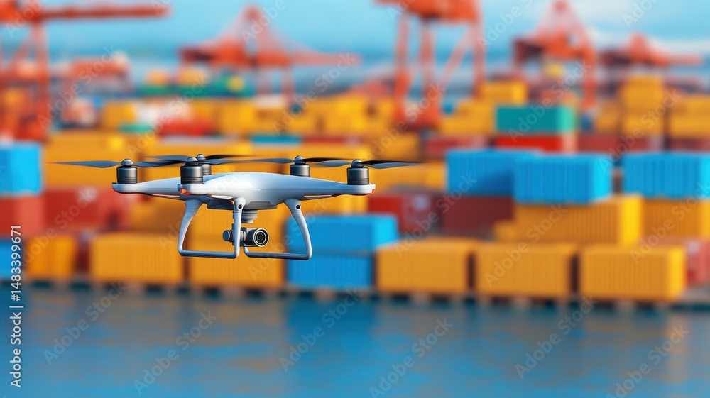Poster drone flying over colorful shipping containers in a port setting.