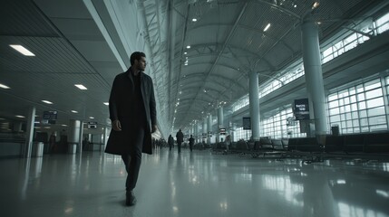 Obraz premium Black suit airport terminal business A traveler walks through a modern airport terminal.